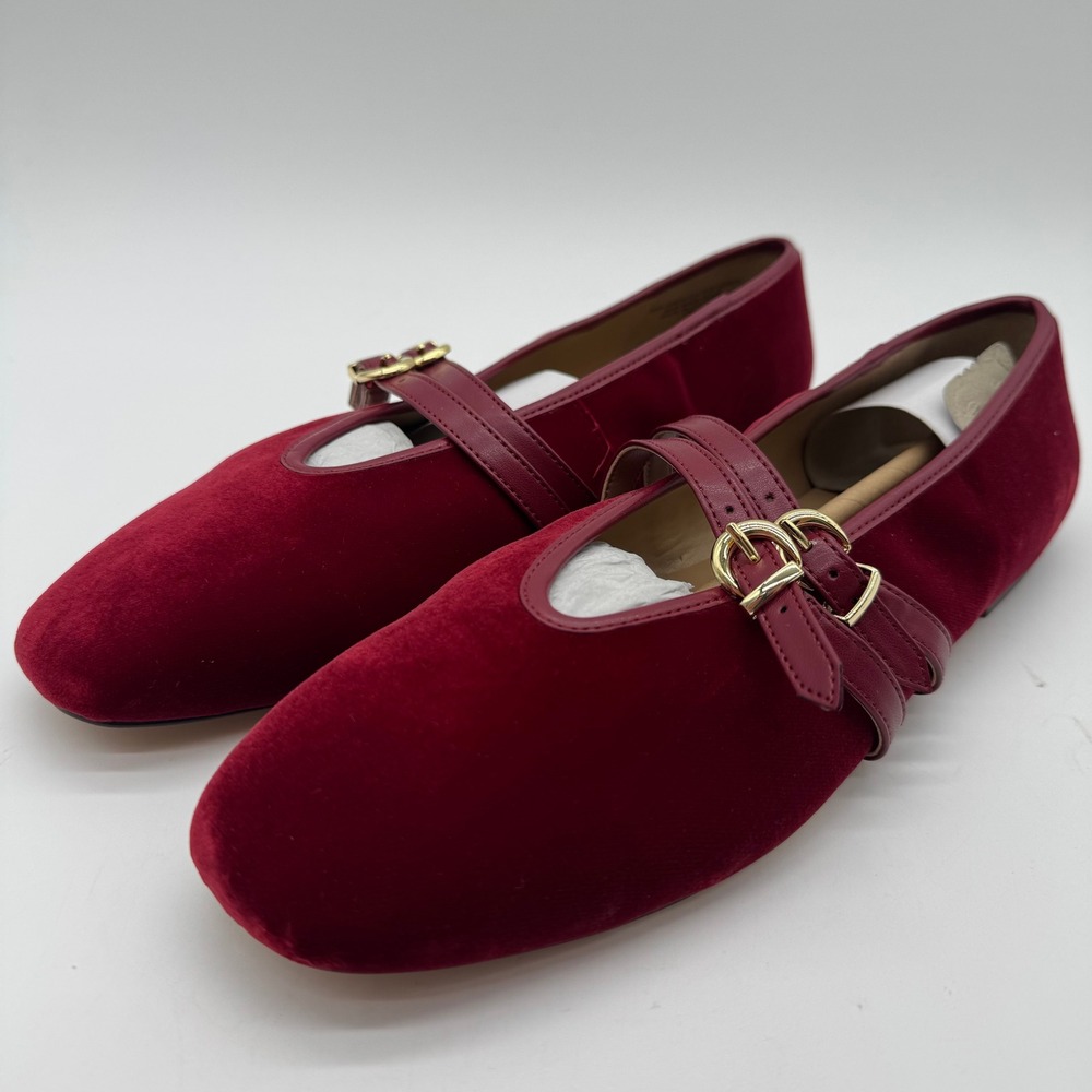 Ann Taylor Burgundy Red Velvet Double Buckle Mary Jane Flats 10M